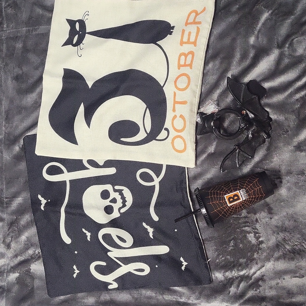 4 pc Halloween decor lot NEW bat doorknocker pillowcase Biggby cup home black